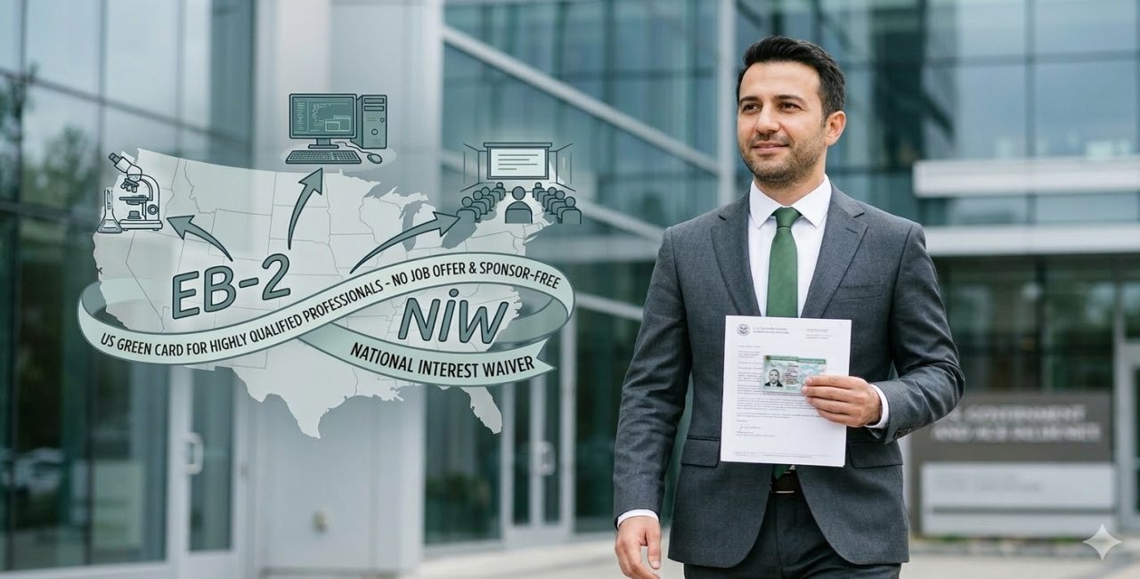 Profesional sosteniendo un documento de aprobación de Green Card relacionado con la visa EB-2 NIW.