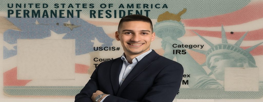 A smiling young man with arms crossed, standing in front of a Green Card illustration