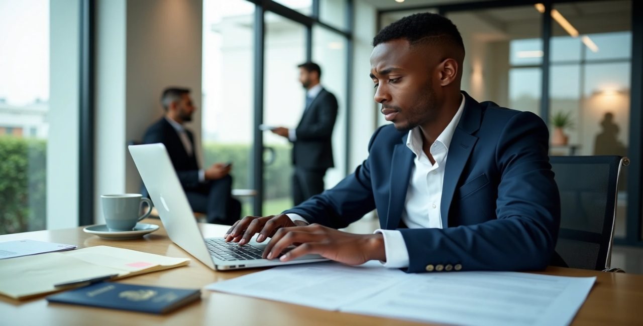 Profesional joven trabajando en laptop preparando documentos para la Lotería de Visas H-1B en oficina moderna