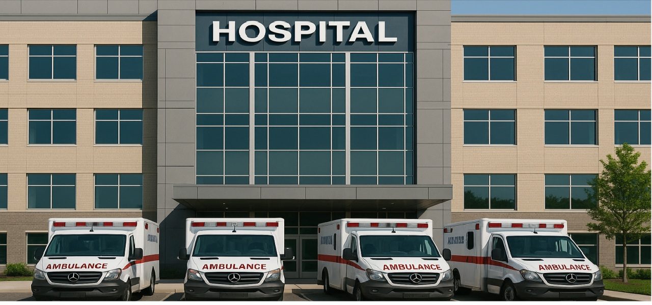 Önünde ambulansların sıralandığı, modern tasarımlı büyük bir hastane binası.