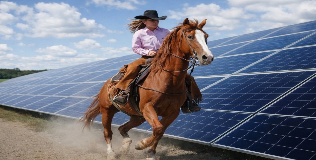 Una persona a caballo junto a grandes paneles solares bajo un cielo azul en Texas.