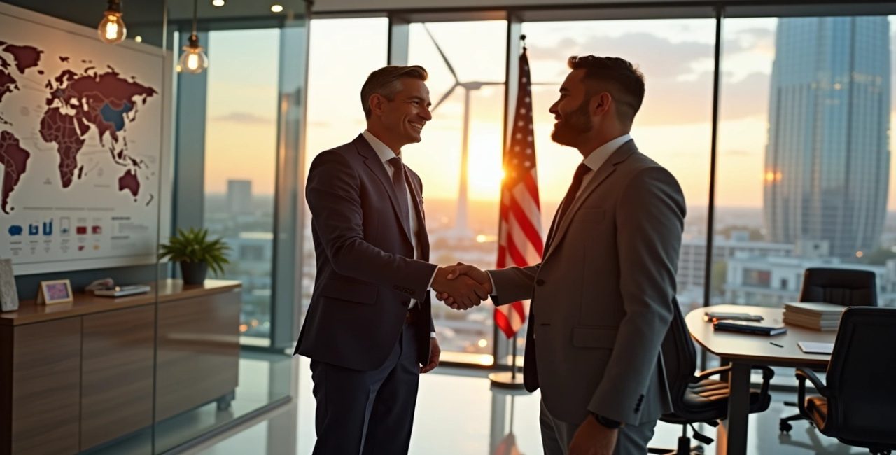 Business executives shaking hands during an L-1 Visa intra-company transfer meeting at a U.S. office