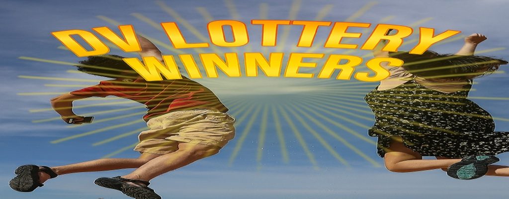Two young people jumping with joy next to a paper that reads “DV Lottery Winner,” related to U.S. Immigration Visa success.