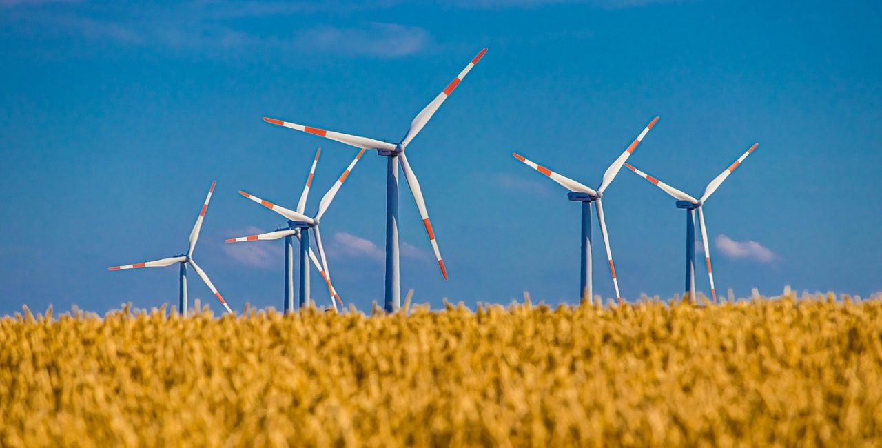 Wind turbines generating renewable energy in open fields