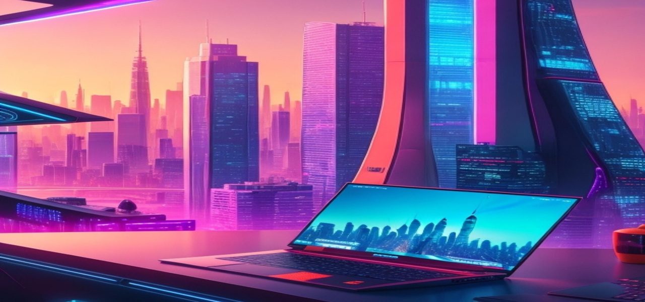 A laptop on a futuristic desk overlooking neon-lit skyscrapers in a pink and blue cityscape.