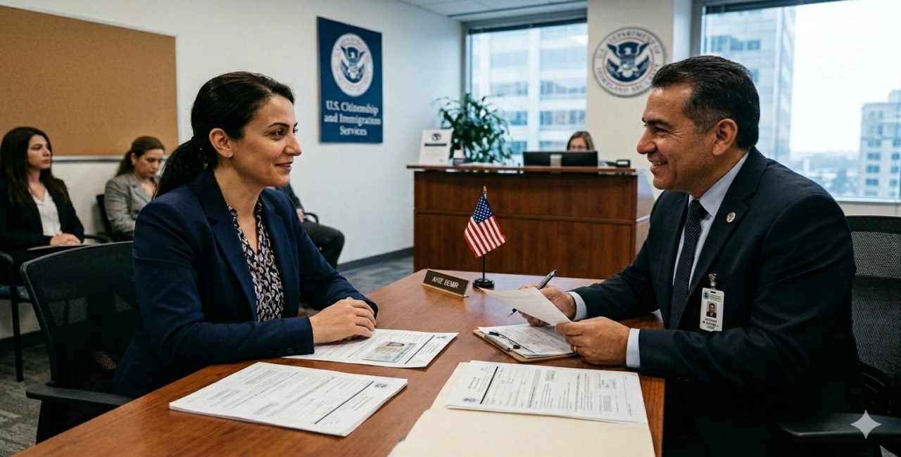 Solicitante asistiendo a una Entrevista de Naturalización con un oficial de USCIS en una oficina formal.
