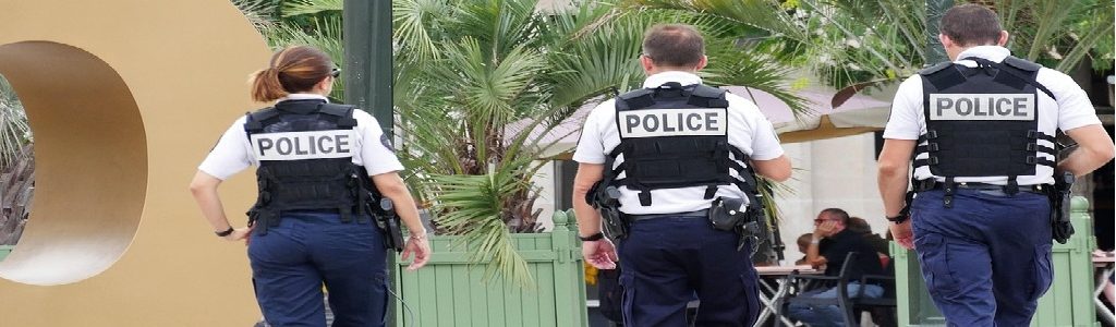 Oficiales de policía en funciones, representando la aplicación de leyes migratorias en el contexto del poder ejecutivo y la deportación.
