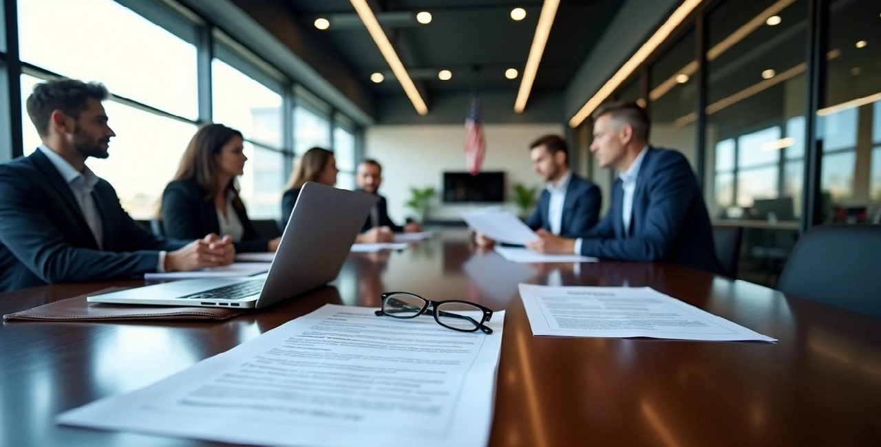 Business professionals reviewing documents related to H-1B Visa Project Firewall compliance