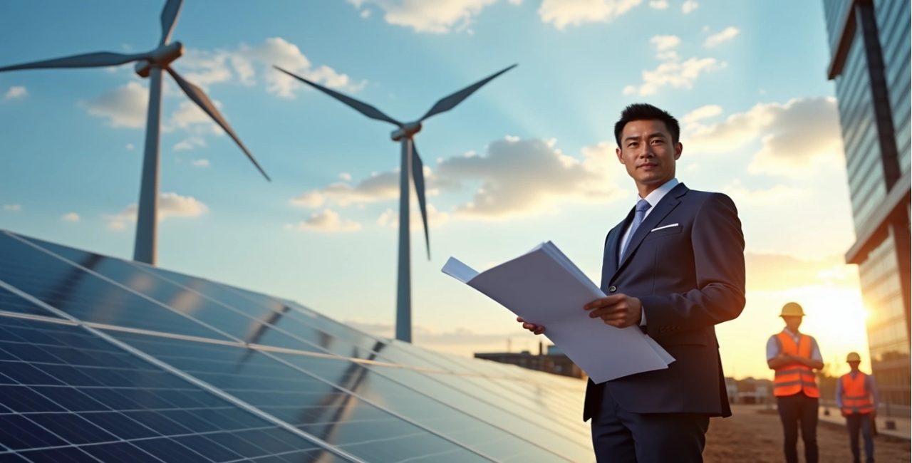 Business executive reviewing project documents at a U.S. renewable energy site with solar panels and wind turbines.