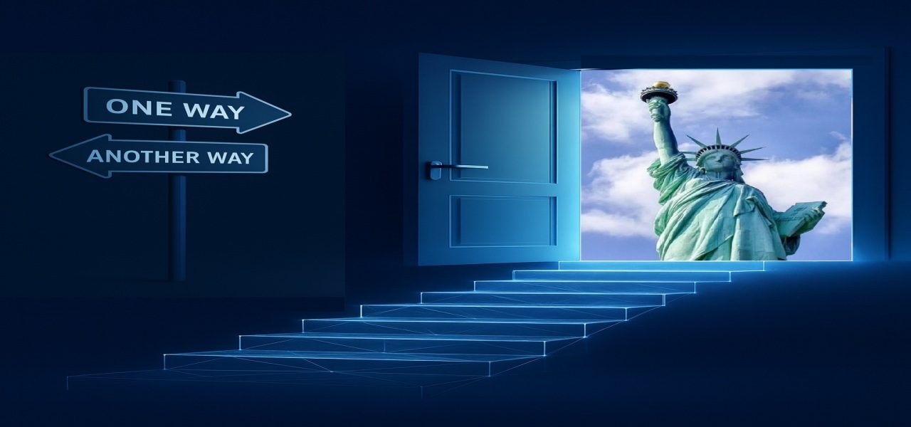 Open door leading to the Statue of Liberty with directional signs symbolizing visa choices.
