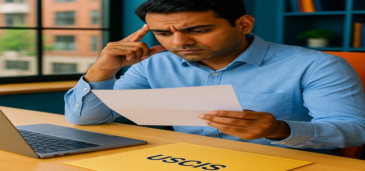Man reading a USCIS denial letter with a concerned expression at his desk.