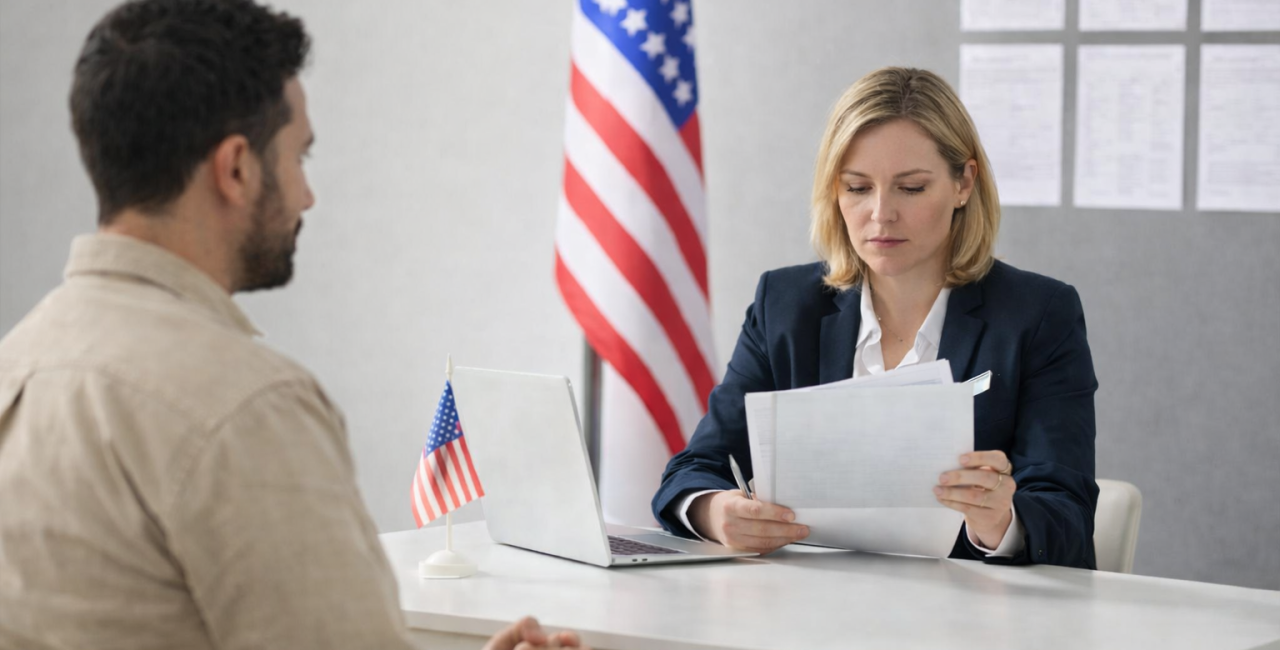 Immigration officer reviewing documents during a work visa interview in the United States