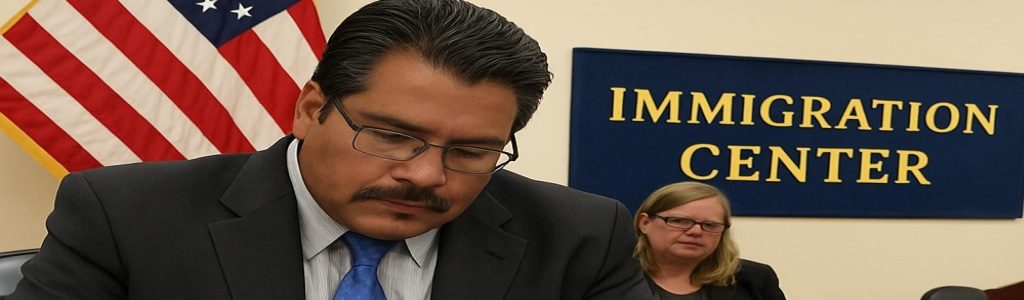 Un hombre firmando documentos oficiales como parte de su proceso de solicitud de asilo en Estados Unidos.