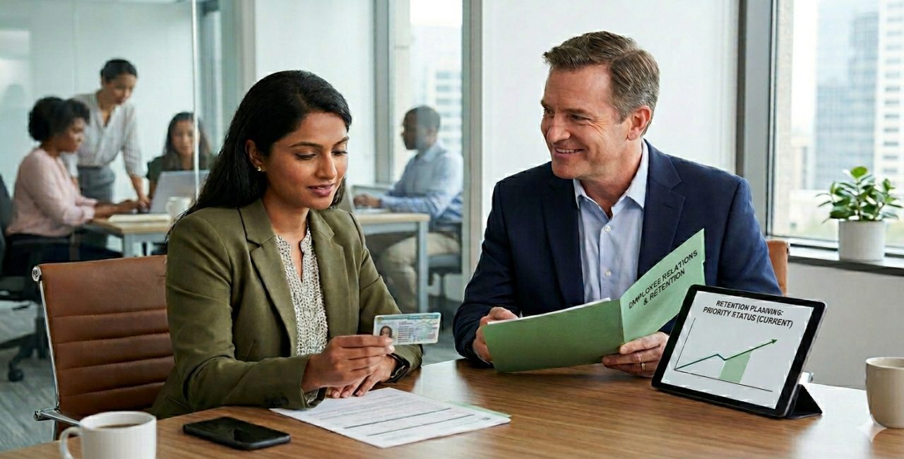 Immigration attorney advising employee on Green Card Backlog and workforce planning strategies